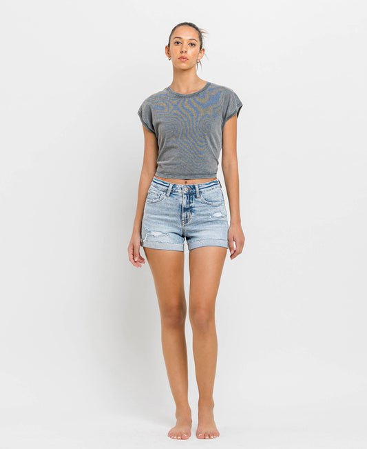 High Rise Single Cuff Denim Shorts