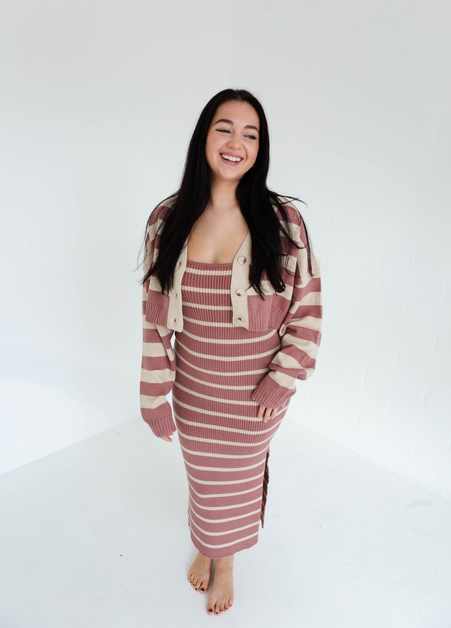 Red Bean Multi Striped Dress & Cardigan Combo