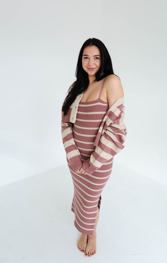 Red Bean Multi Striped Dress & Cardigan Combo