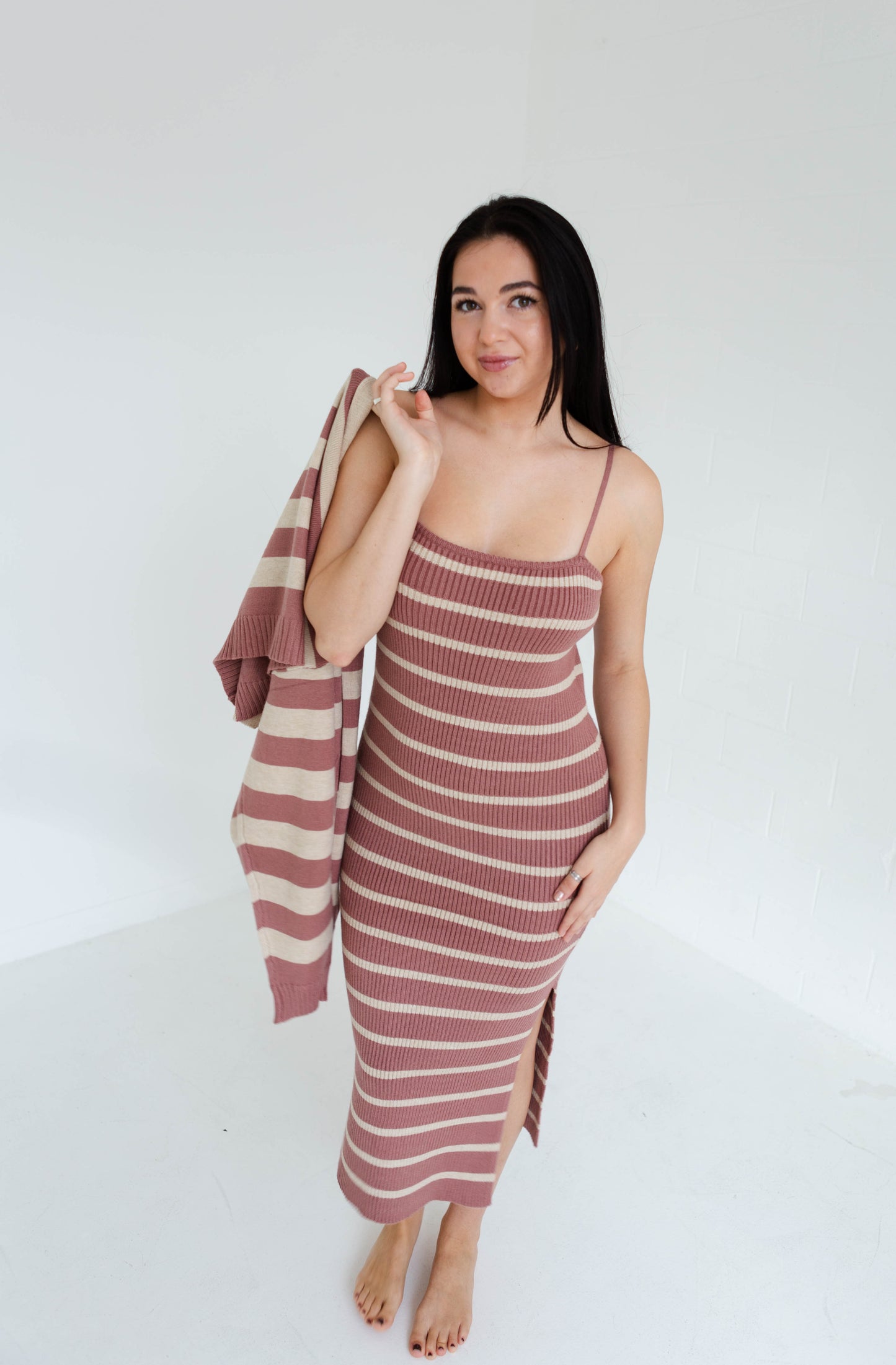 Red Bean Multi Striped Dress & Cardigan Combo