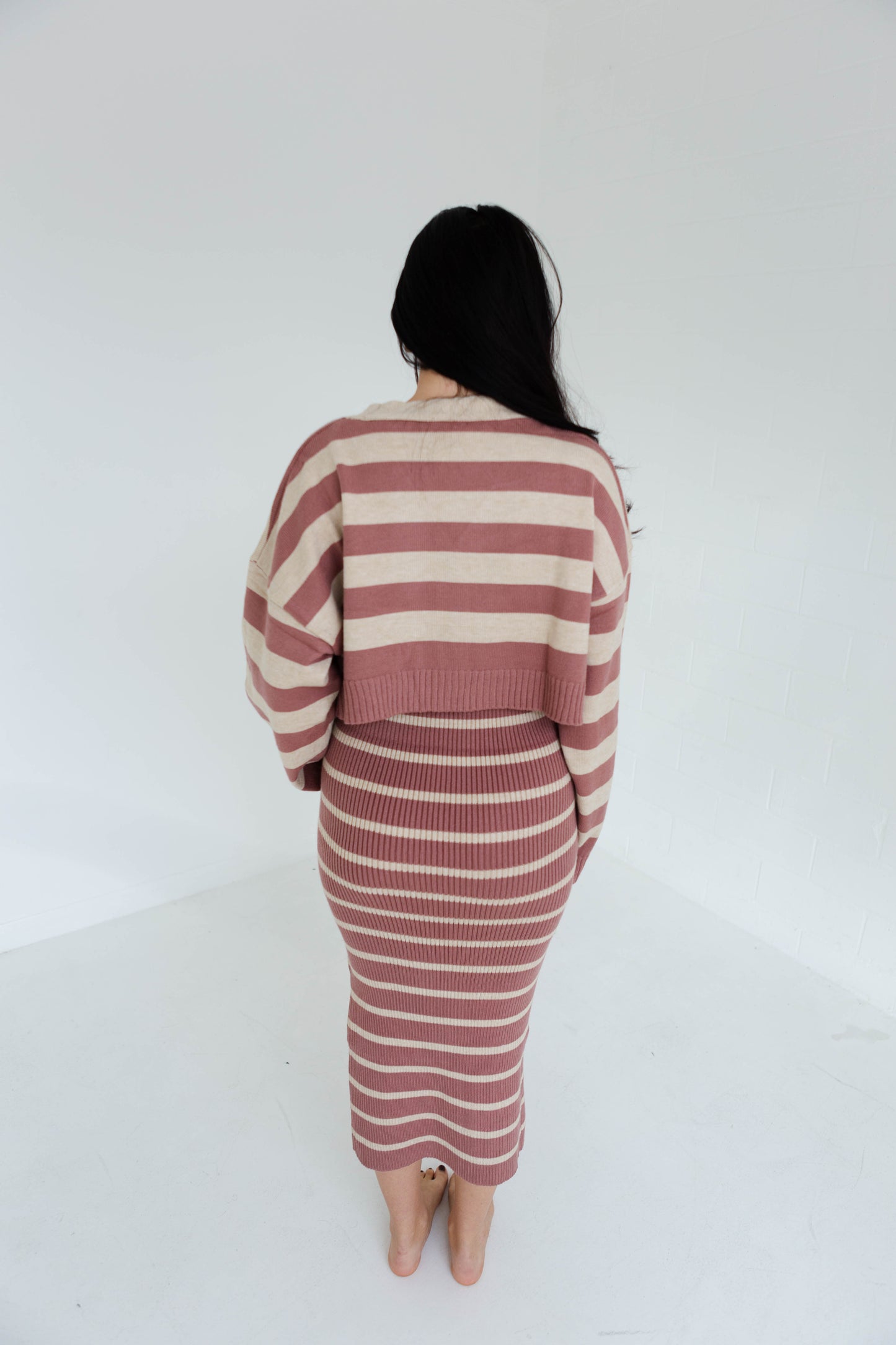 Red Bean Multi Striped Dress & Cardigan Combo