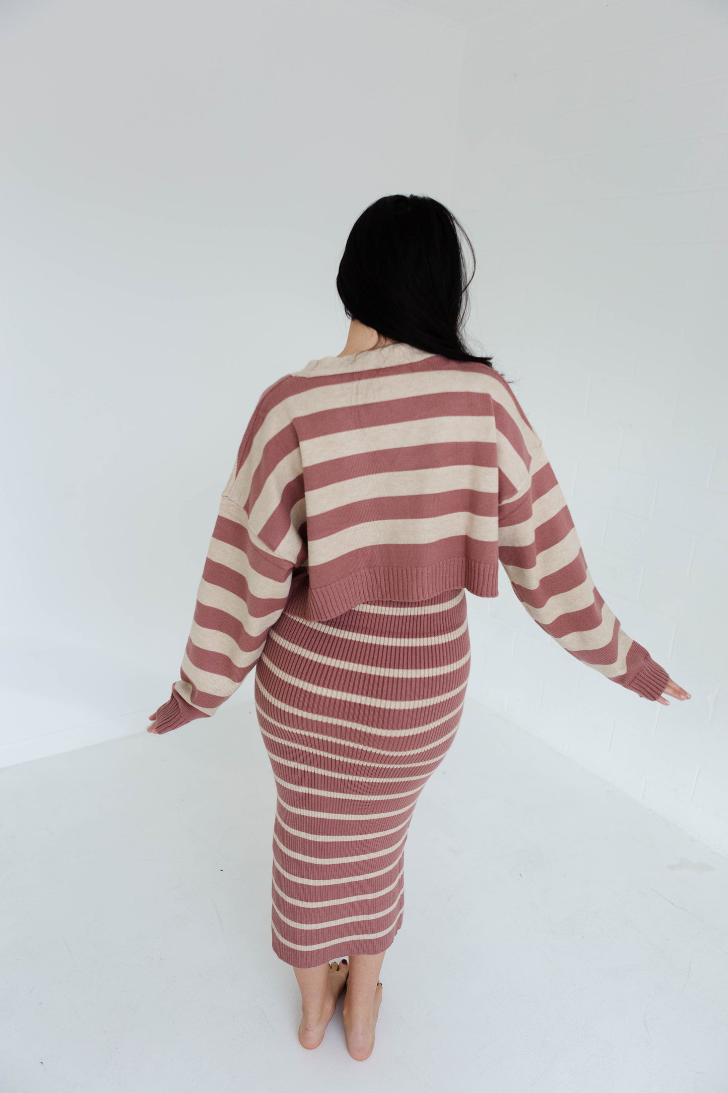 Red Bean Multi Striped Dress & Cardigan Combo