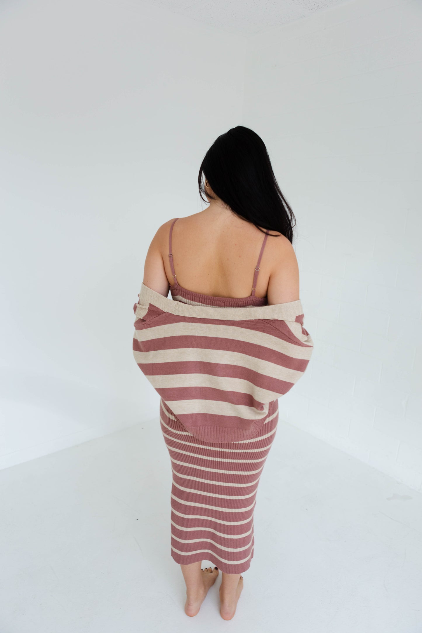 Red Bean Multi Striped Dress & Cardigan Combo