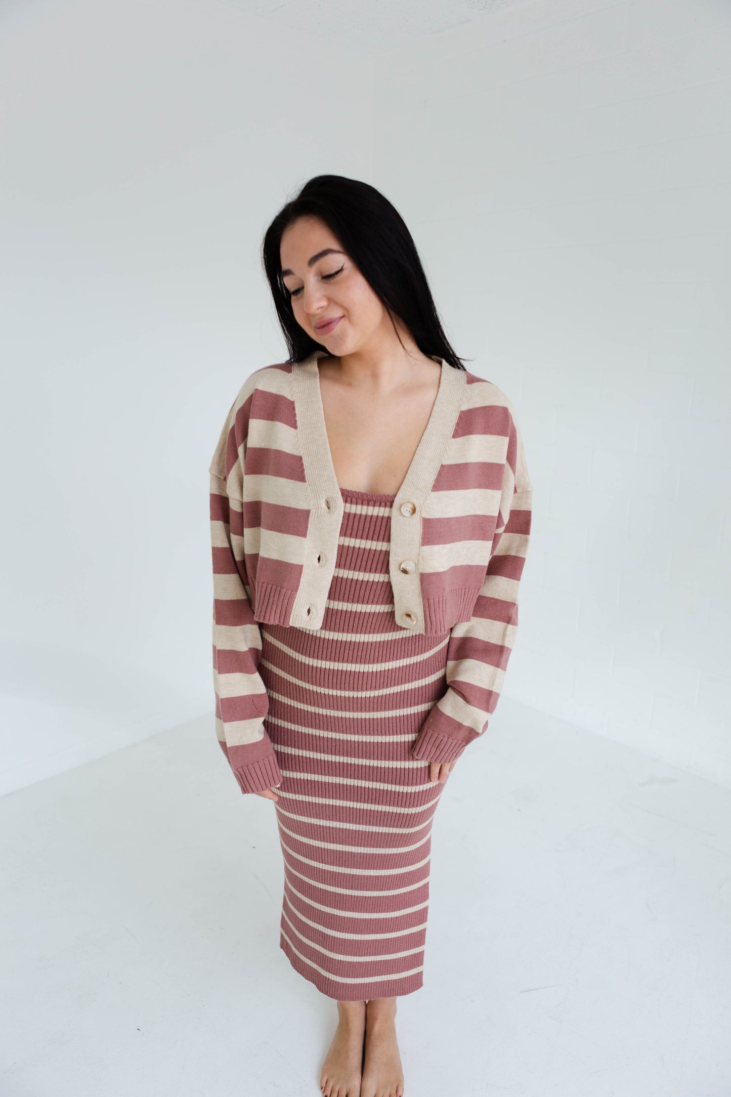 Red Bean Multi Striped Dress & Cardigan Combo