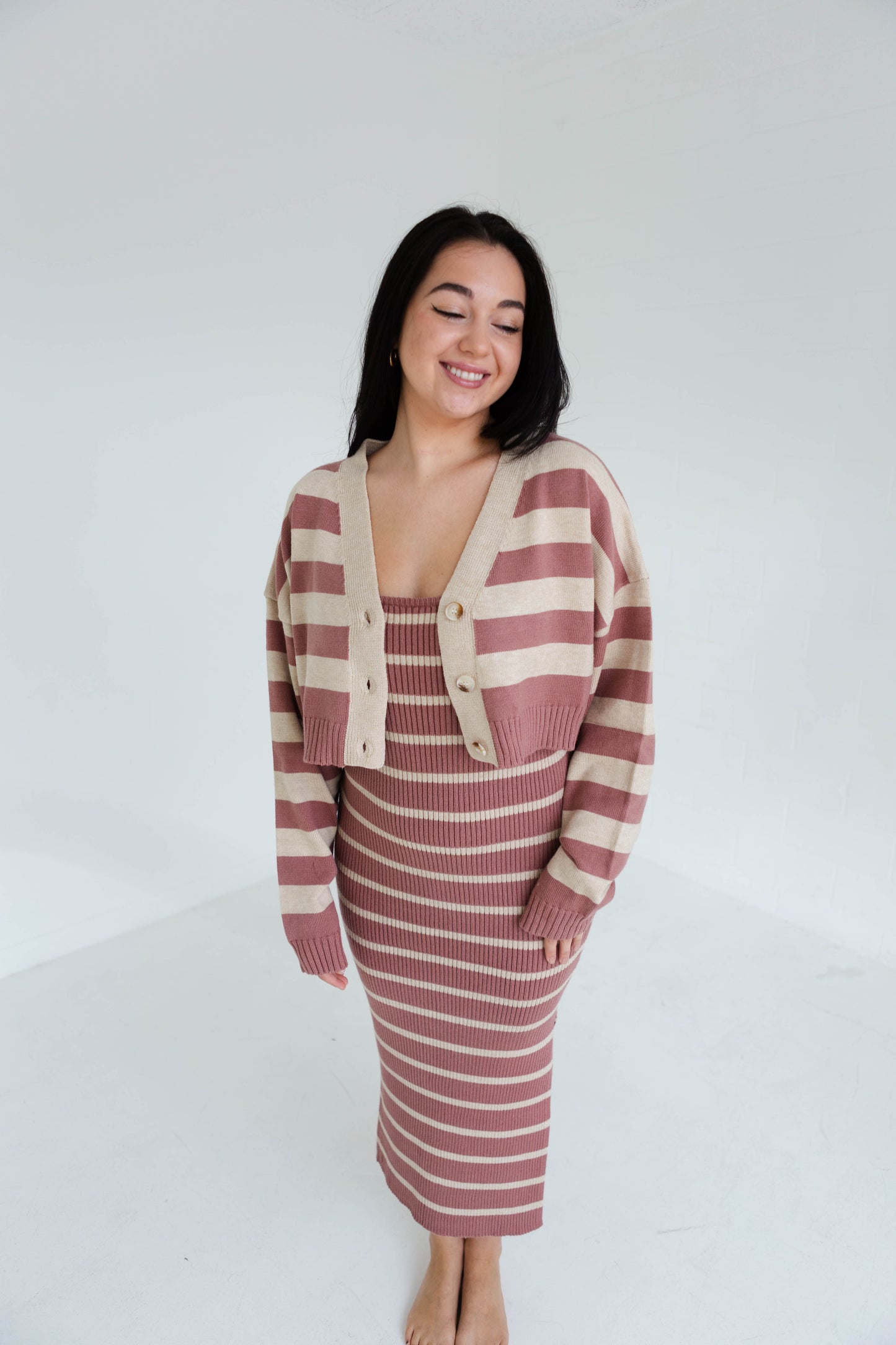 Red Bean Multi Striped Dress & Cardigan Combo