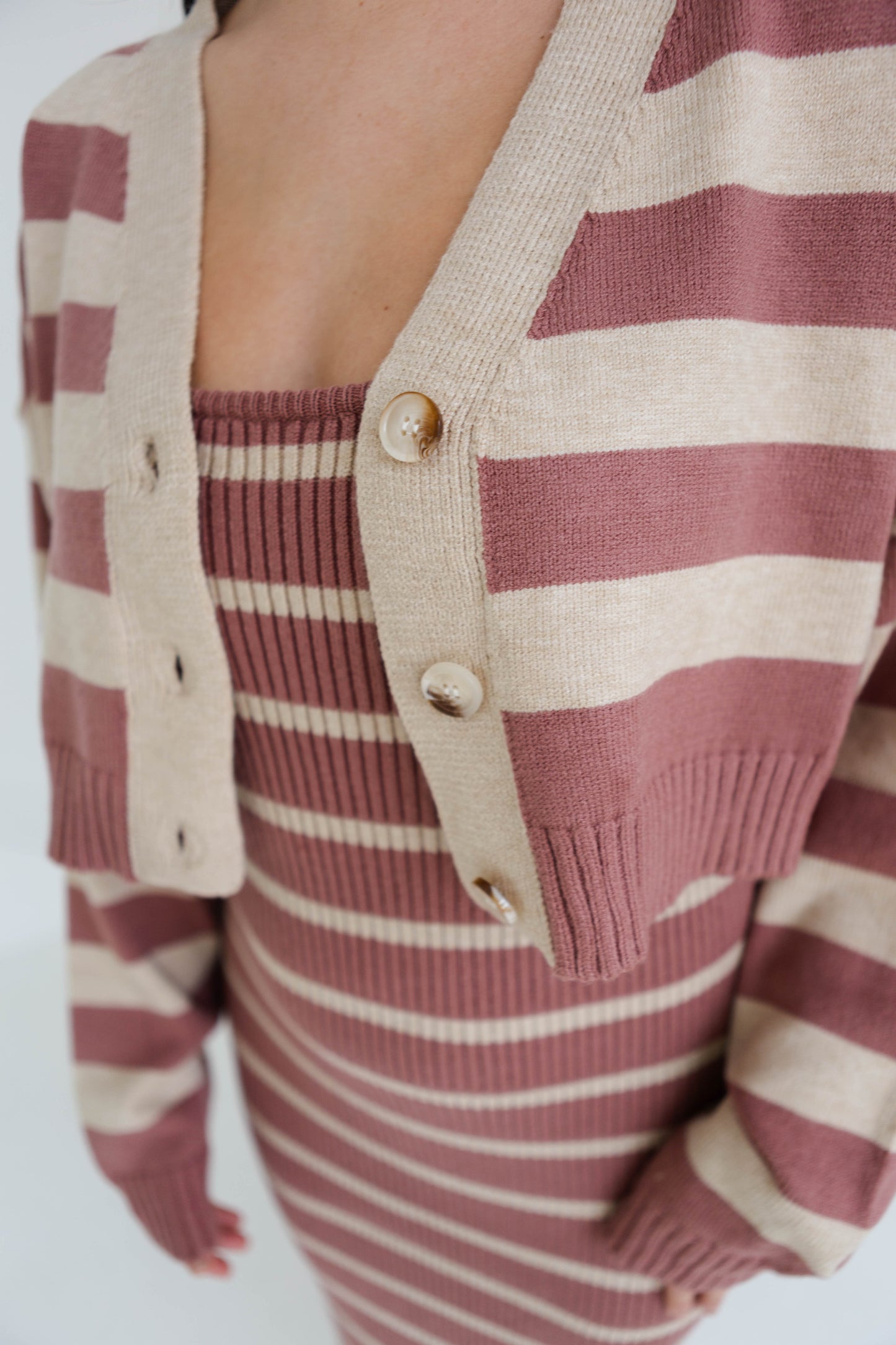 Red Bean Multi Striped Dress & Cardigan Combo