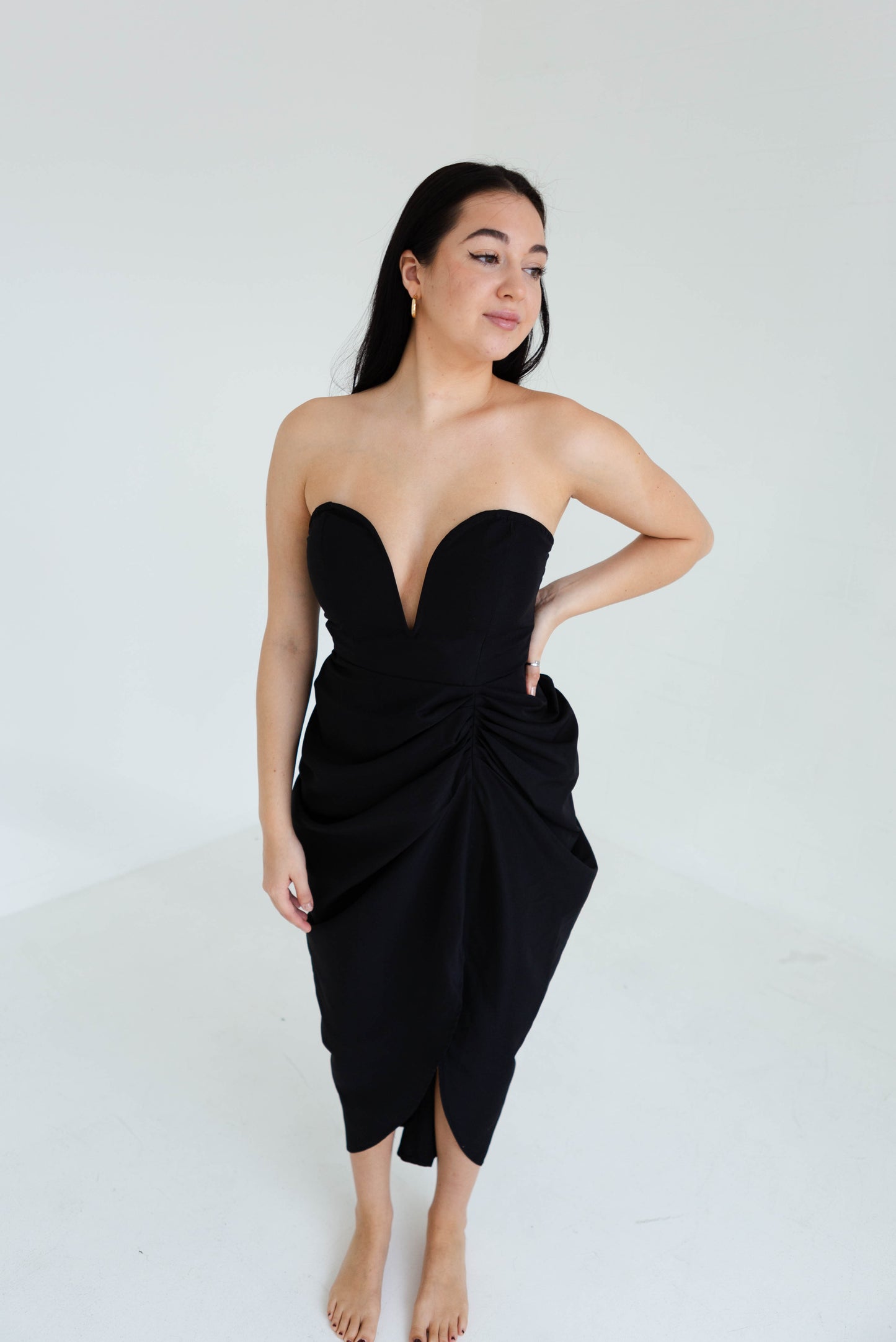 Black Deep V Midi High Slit Dress