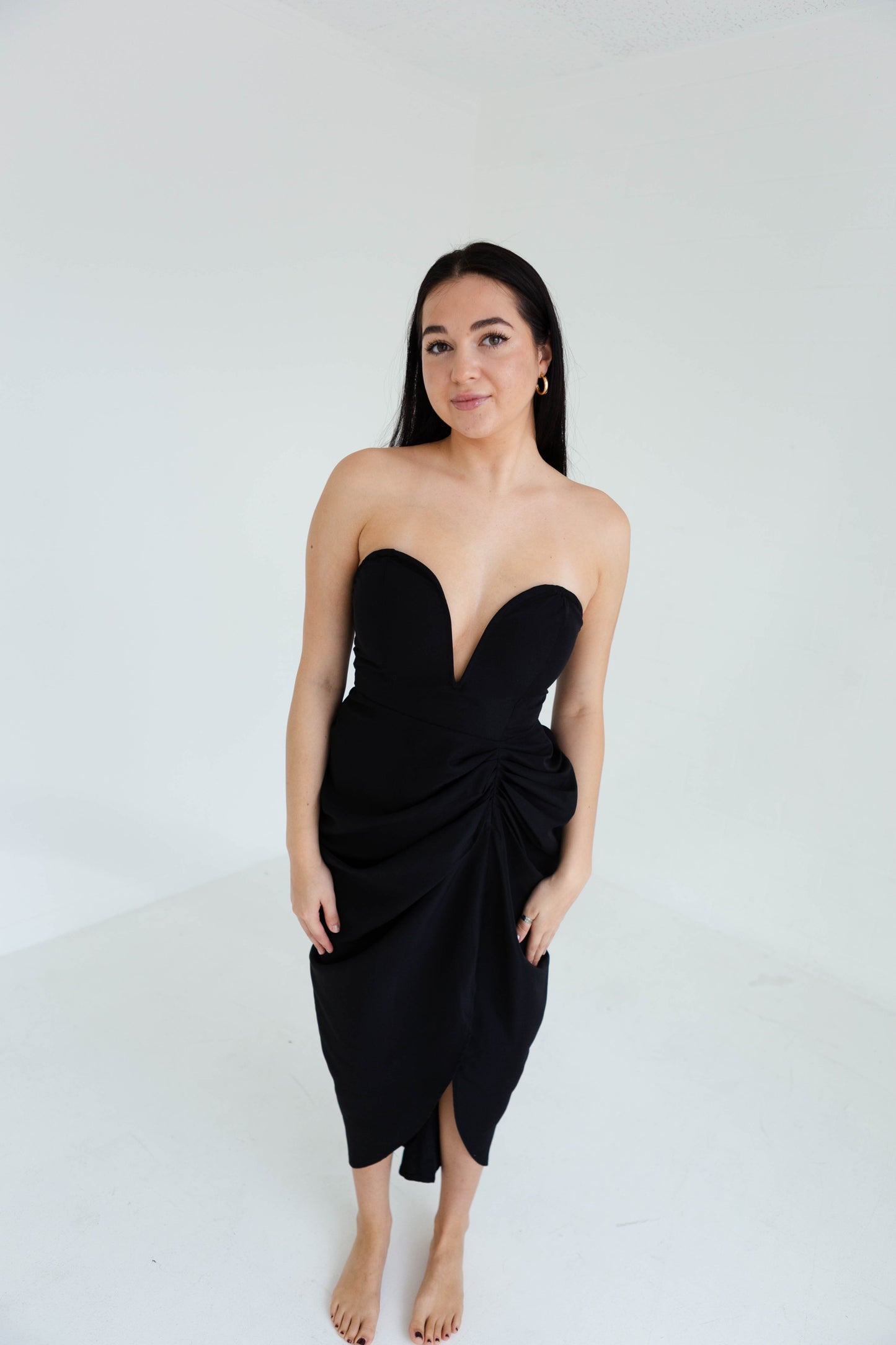 Black Deep V Midi High Slit Dress