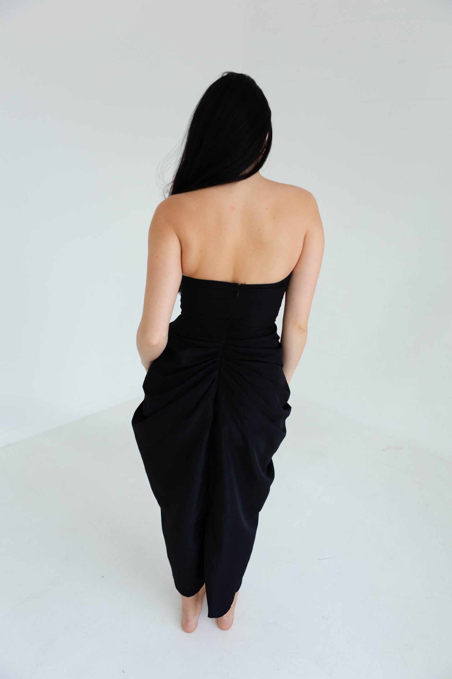 Black Deep V Midi High Slit Dress