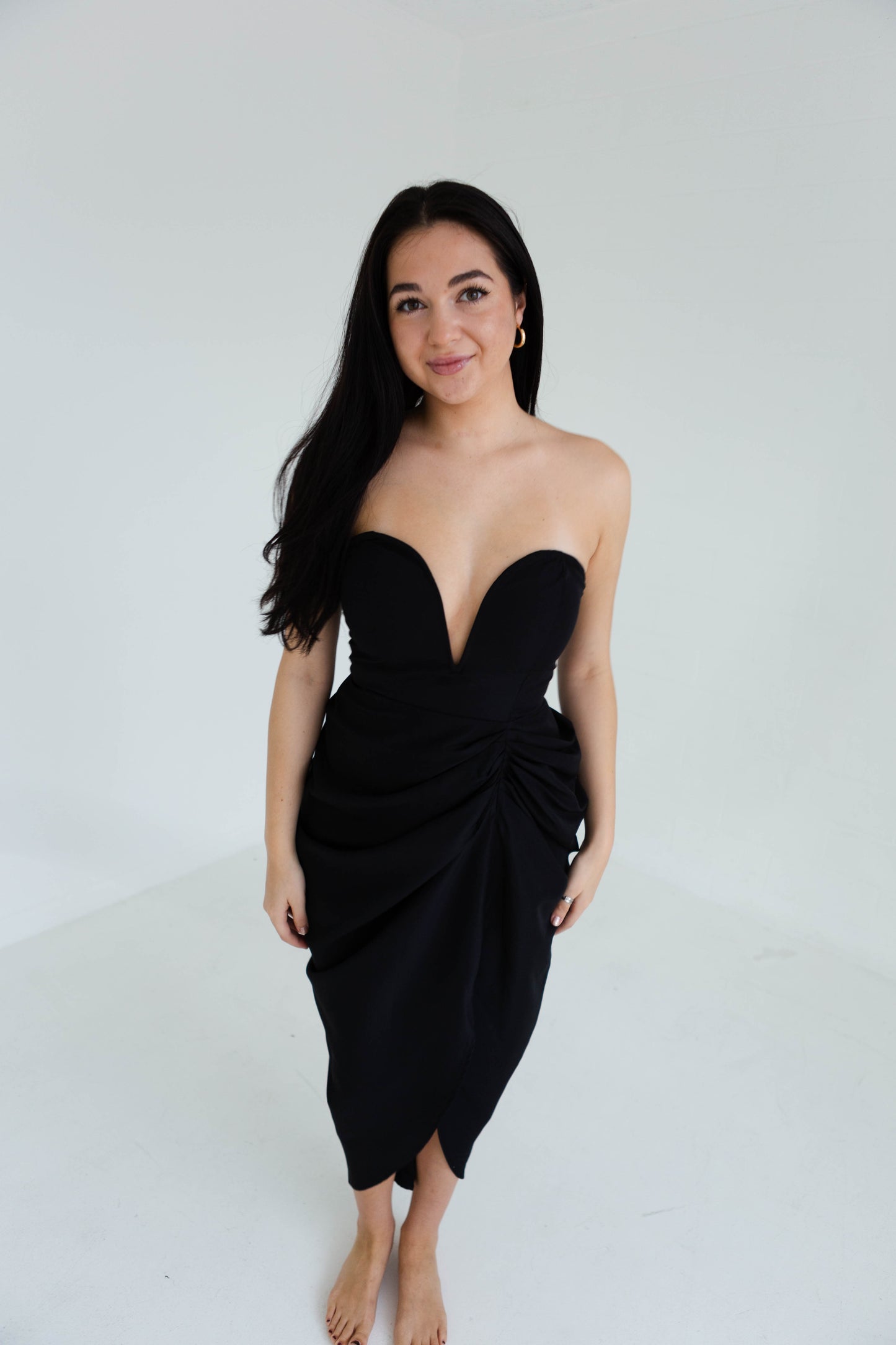 Black Deep V Midi High Slit Dress