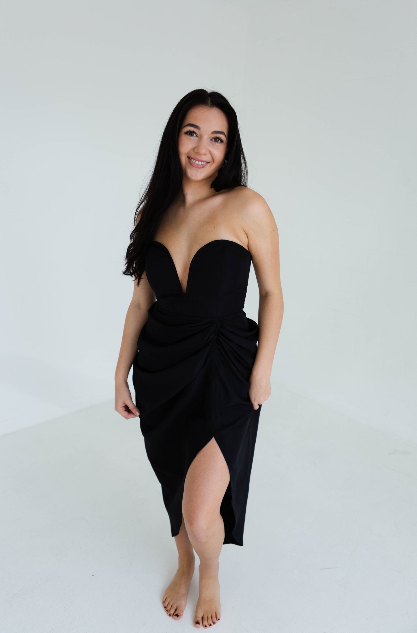 Black Deep V Midi High Slit Dress