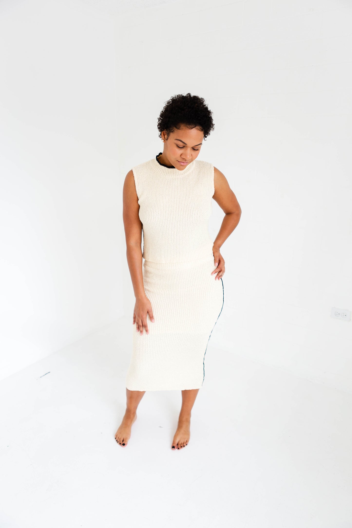 Textured Rib Cream Knitted Top & Skirt Set