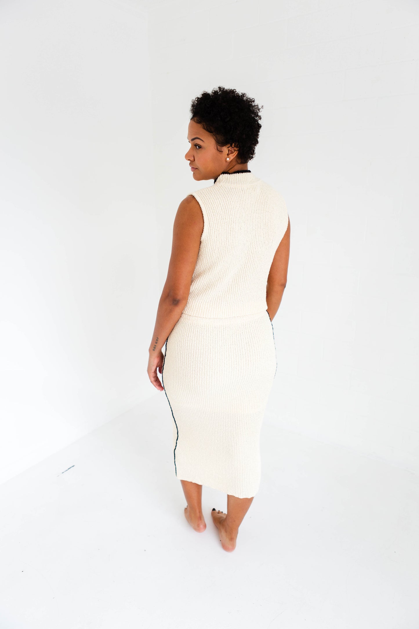 Textured Rib Cream Knitted Top & Skirt Set