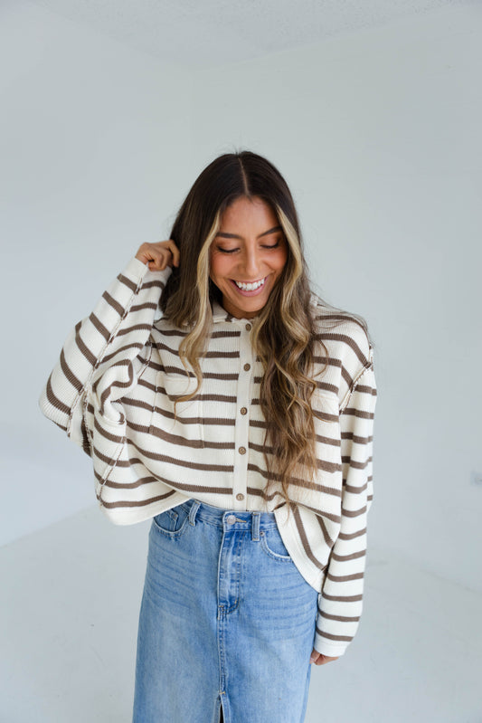 White & Olive Striped Button Knit Cardigan