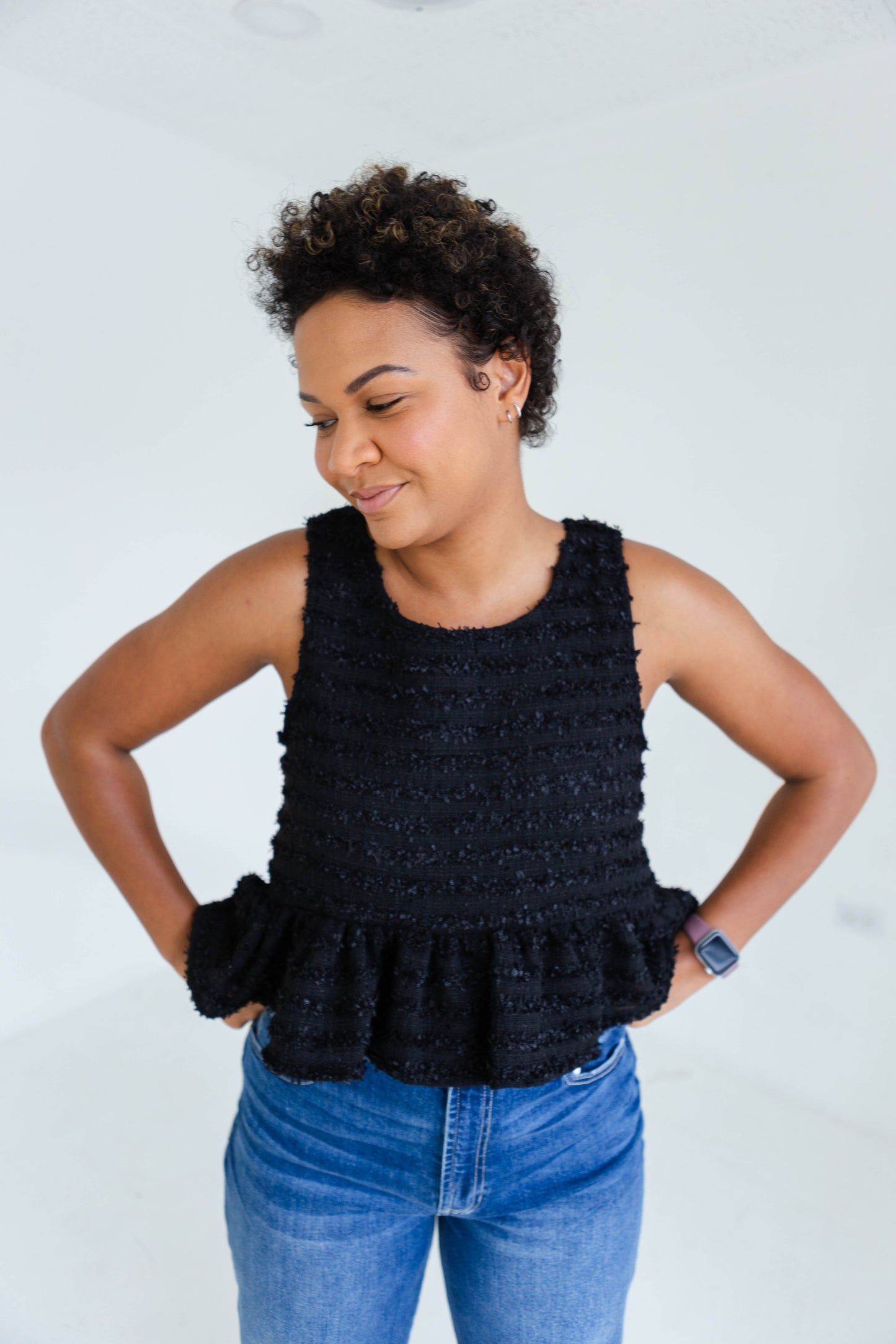 Black Peplum Tweed Tank