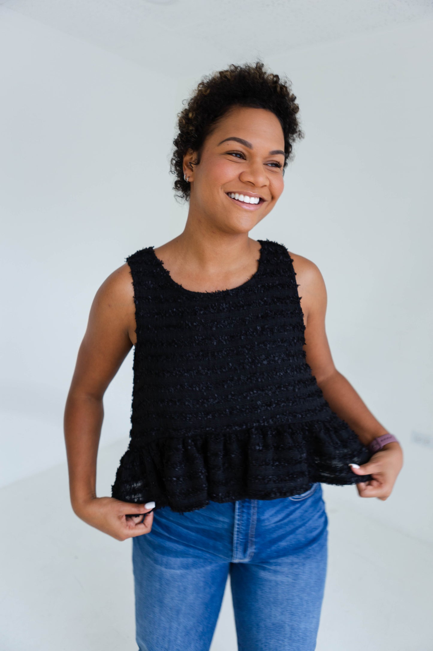 Black Peplum Tweed Tank