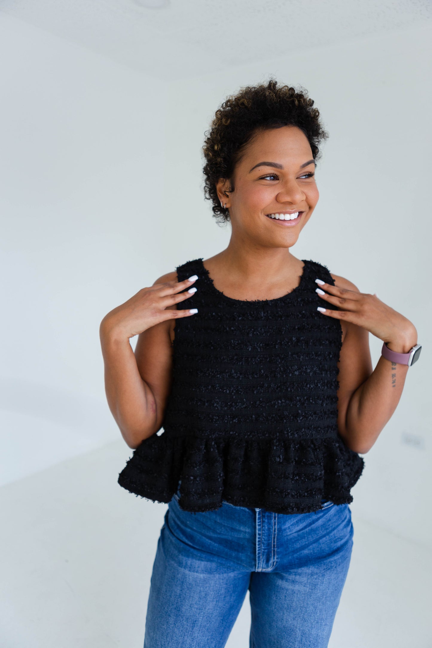 Black Peplum Tweed Tank