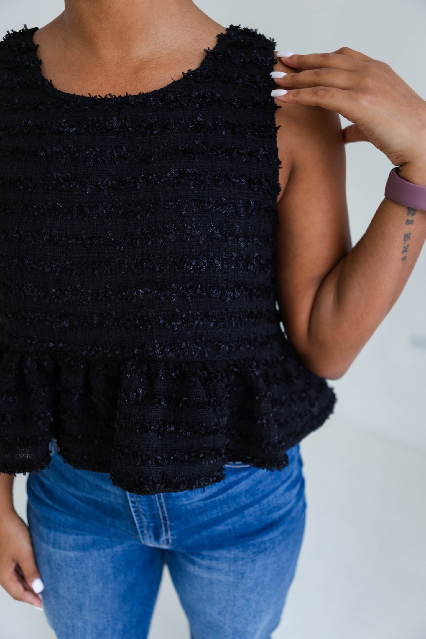 Black Peplum Tweed Tank