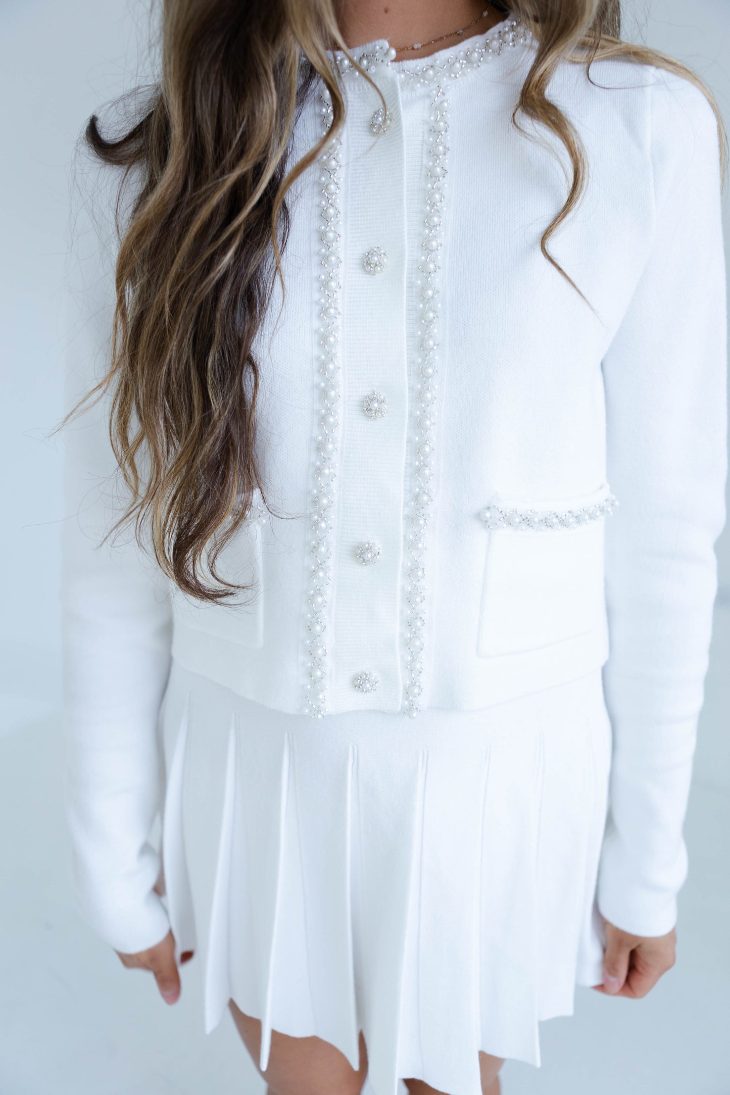 Beaded Off White Cardigan and Pleated Skirt Set