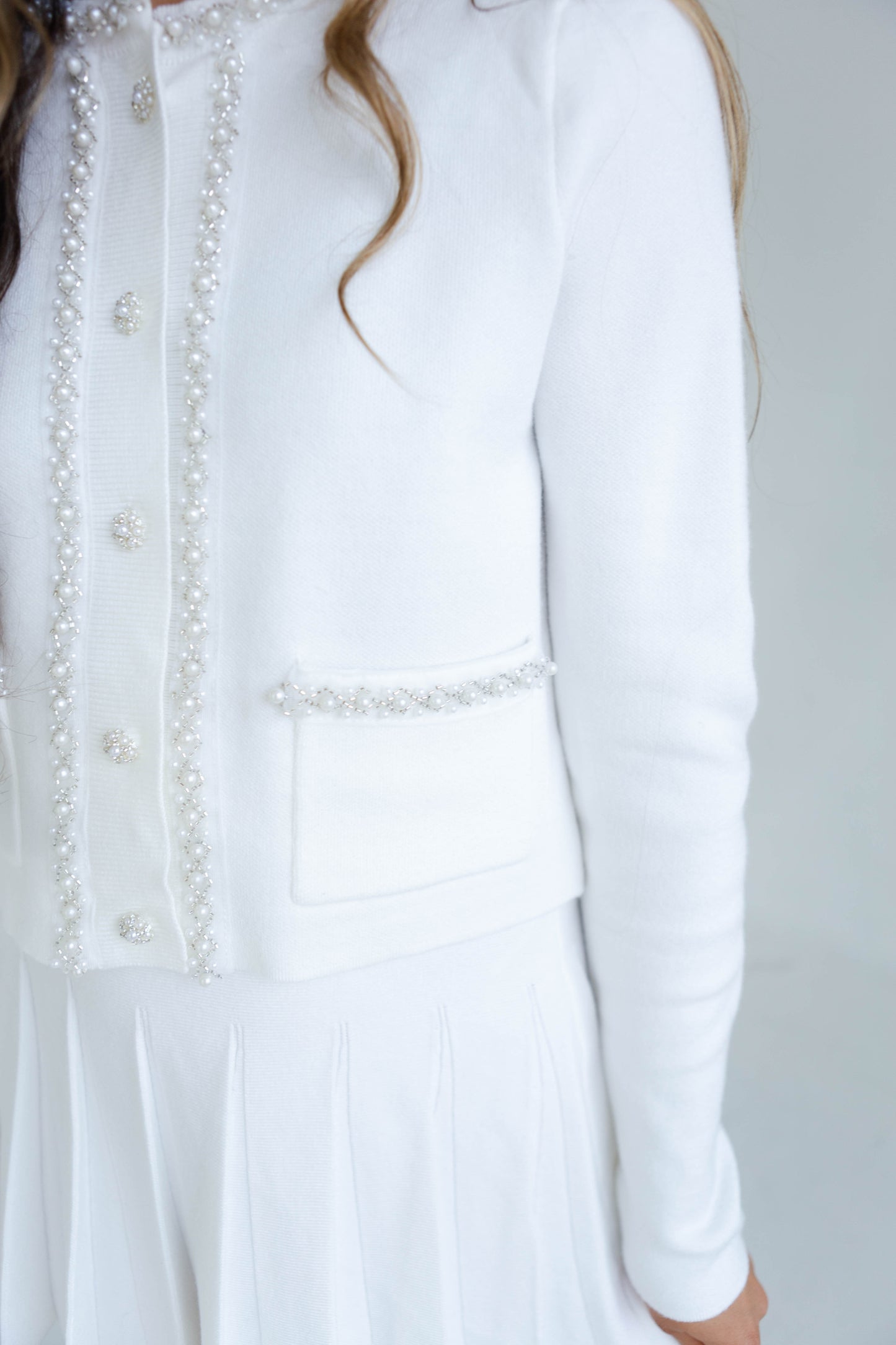 Beaded Off White Cardigan and Pleated Skirt Set