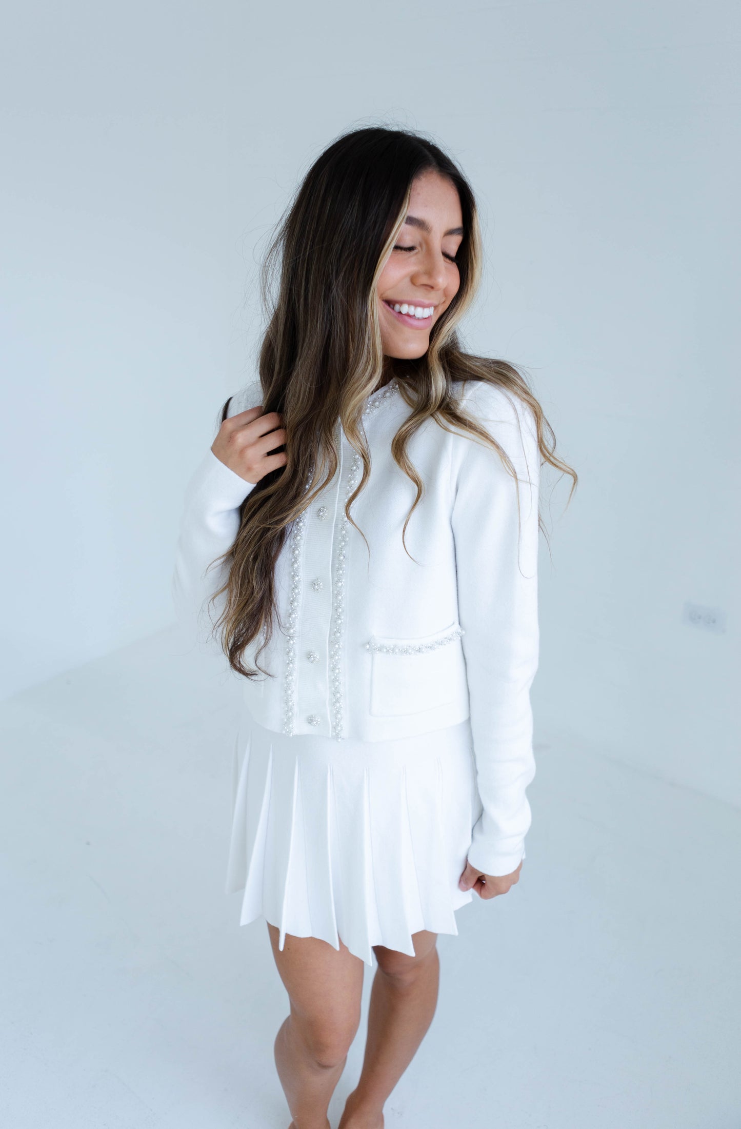 Beaded Off White Cardigan and Pleated Skirt Set