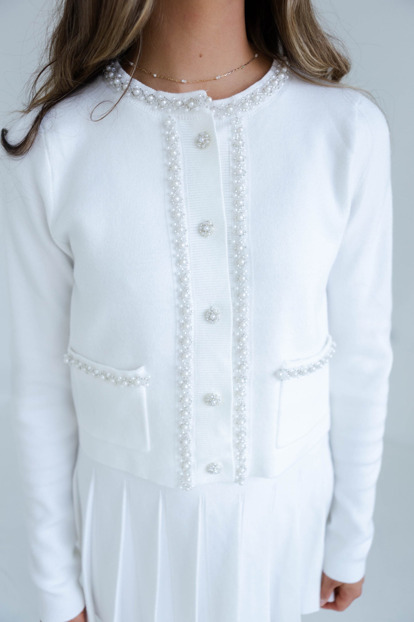 Beaded Off White Cardigan and Pleated Skirt Set