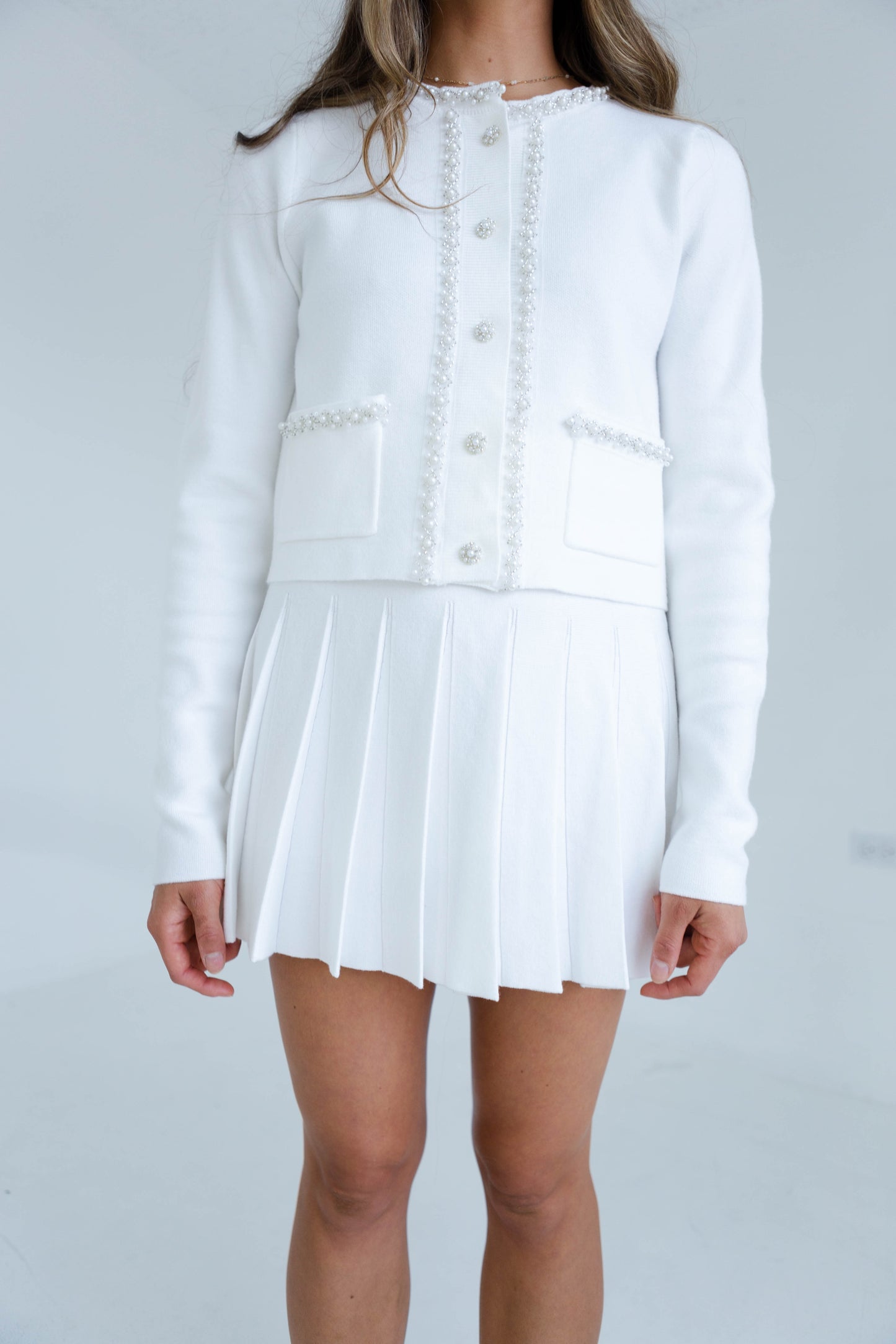 Beaded Off White Cardigan and Pleated Skirt Set