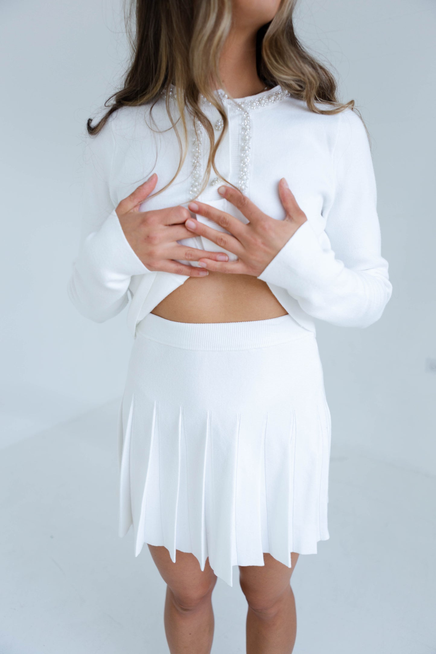 Beaded Off White Cardigan and Pleated Skirt Set