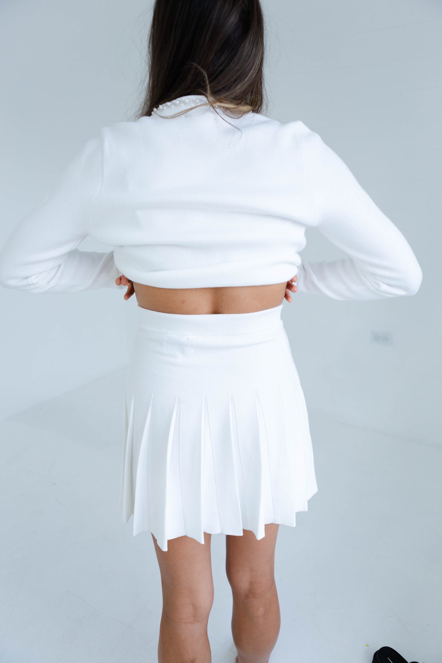 Beaded Off White Cardigan and Pleated Skirt Set