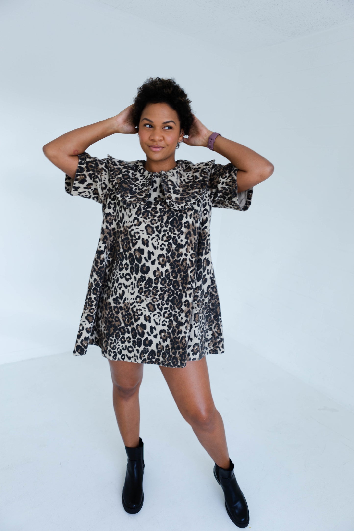 Leopard Print Collard Denim Dress