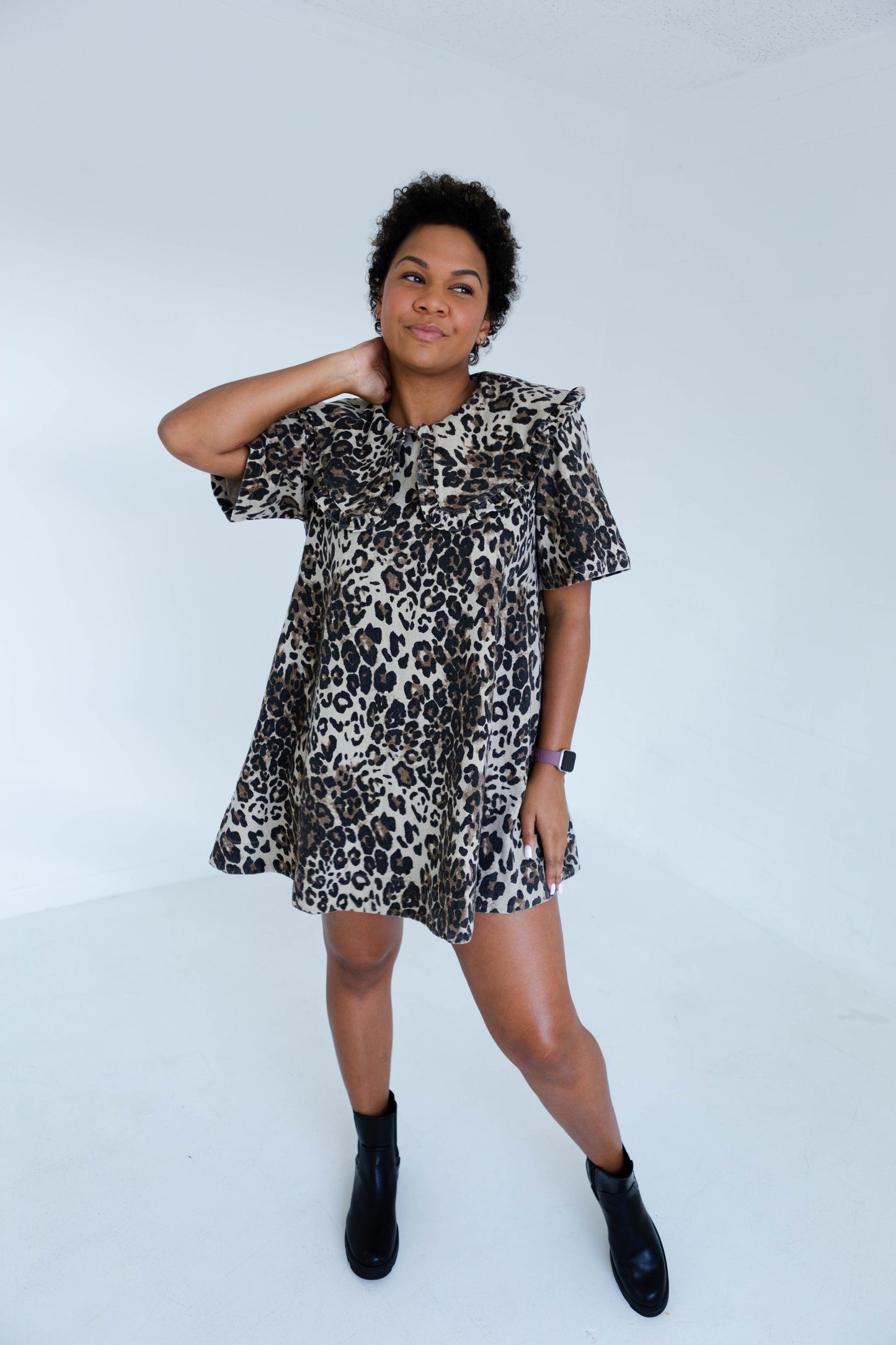 Leopard Print Collard Denim Dress