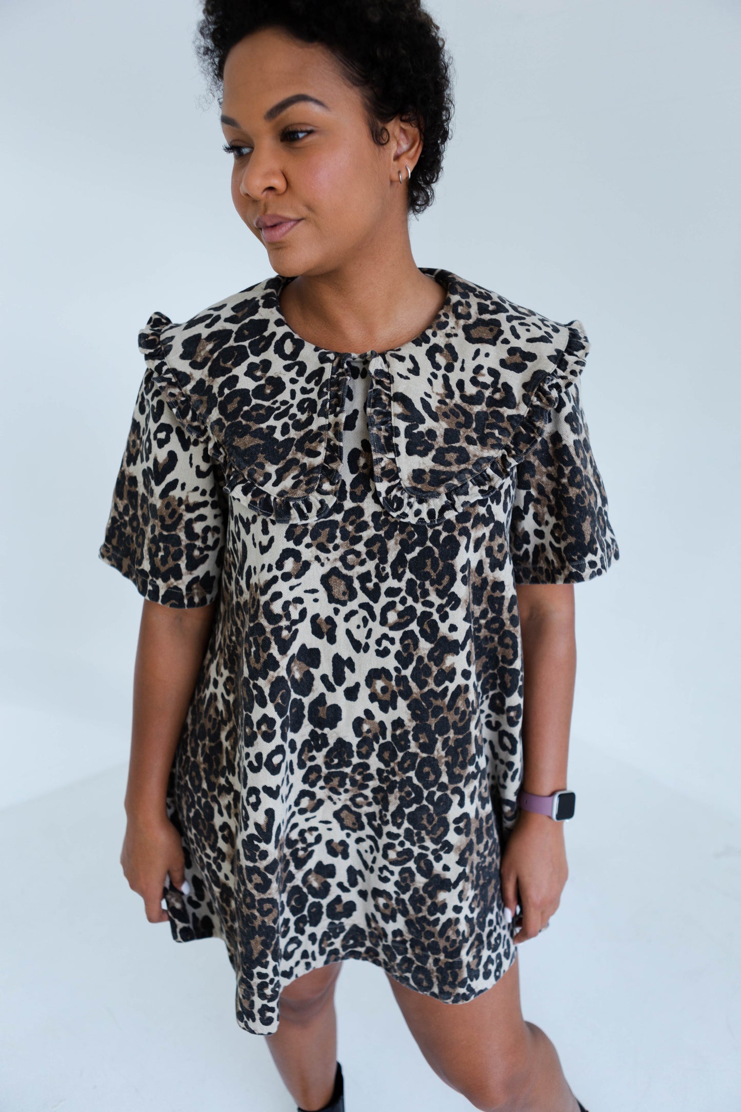 Leopard Print Collard Denim Dress