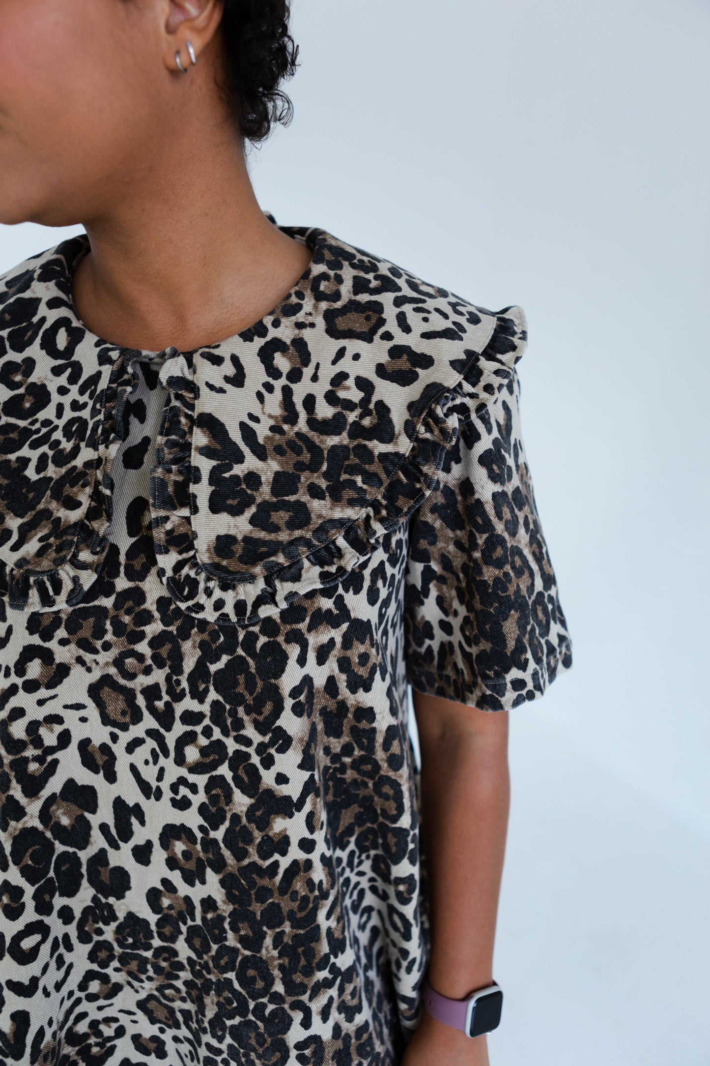 Leopard Print Collard Denim Dress