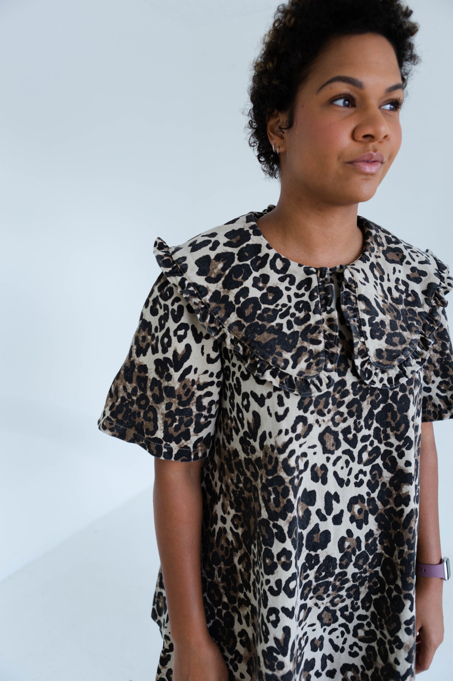 Leopard Print Collard Denim Dress