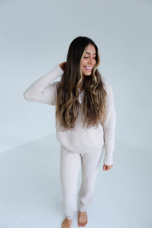 Oatmeal Waffle Sweater Jogger and Half Zip Sweater Set