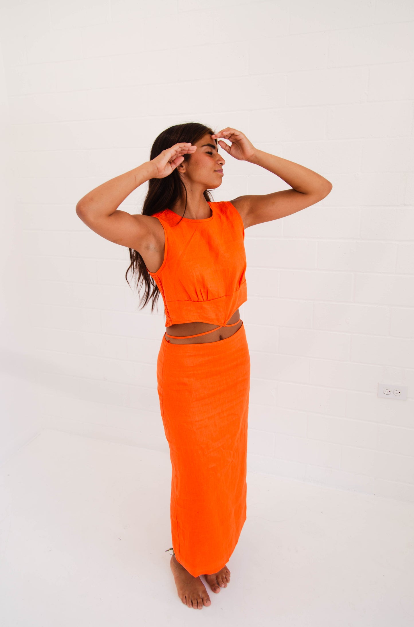 Hot Coral Top & Midi Skirt Set