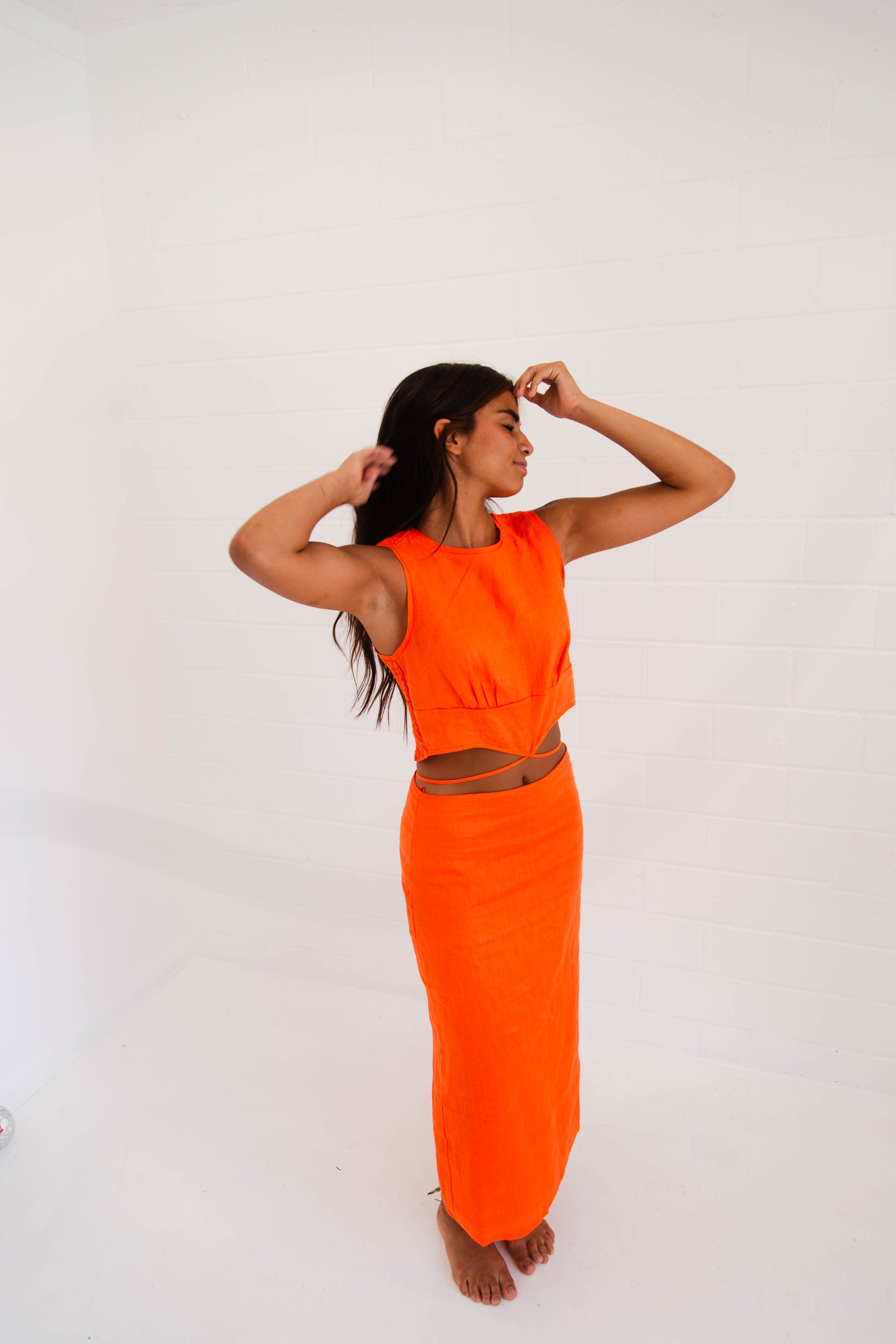 Hot Coral Top & Midi Skirt Set