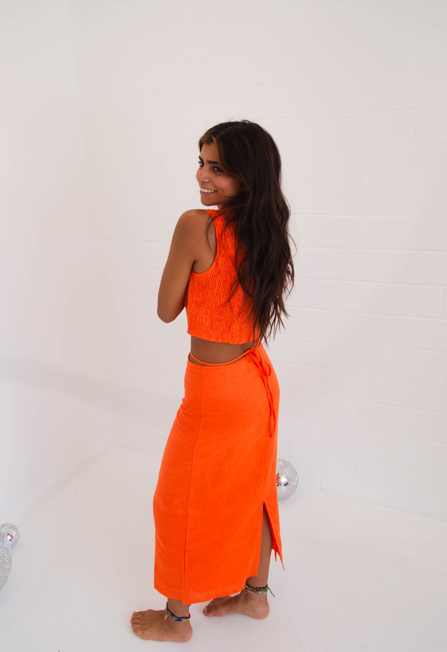 Hot Coral Top & Midi Skirt Set