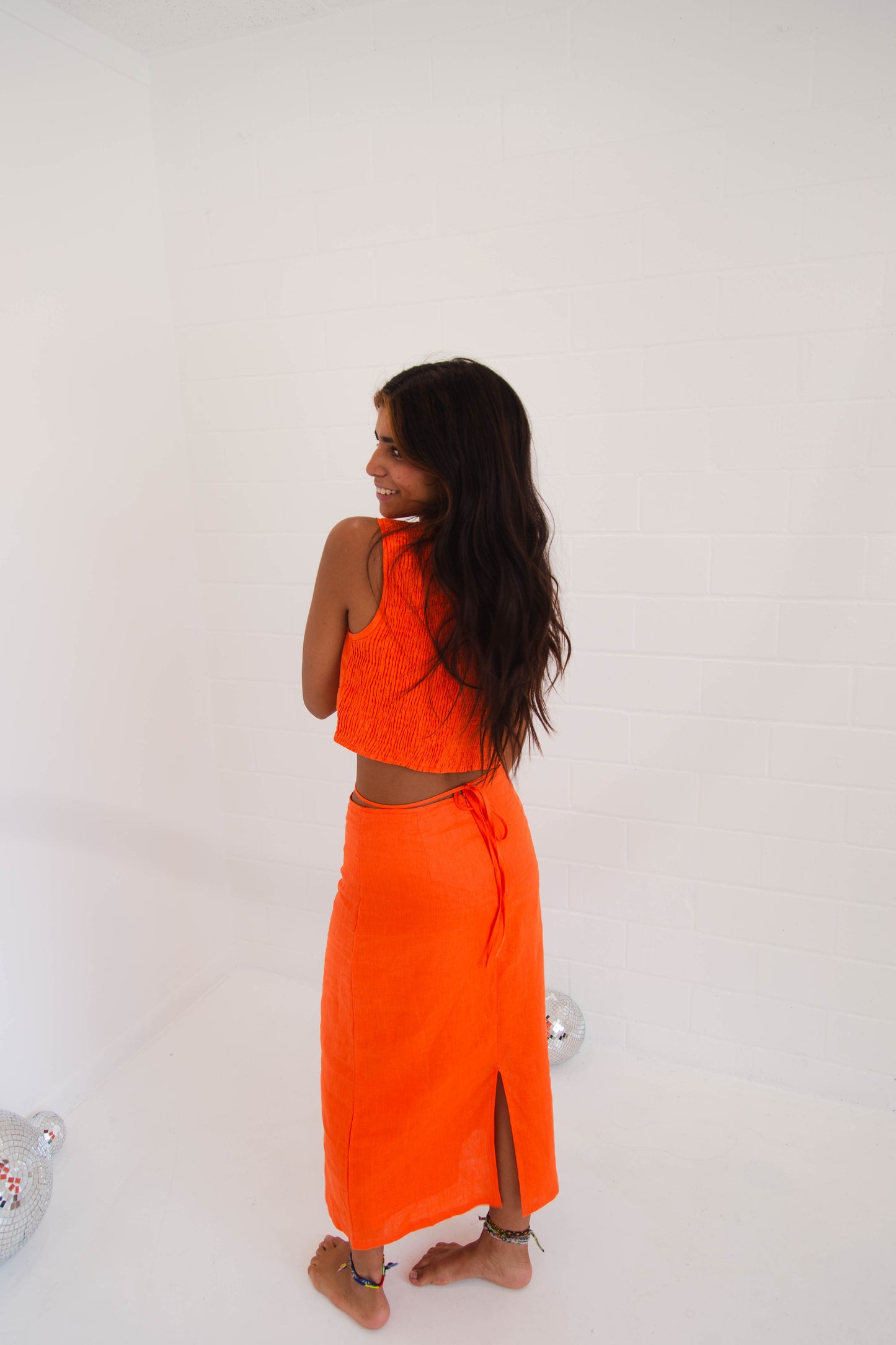 Hot Coral Top & Midi Skirt Set