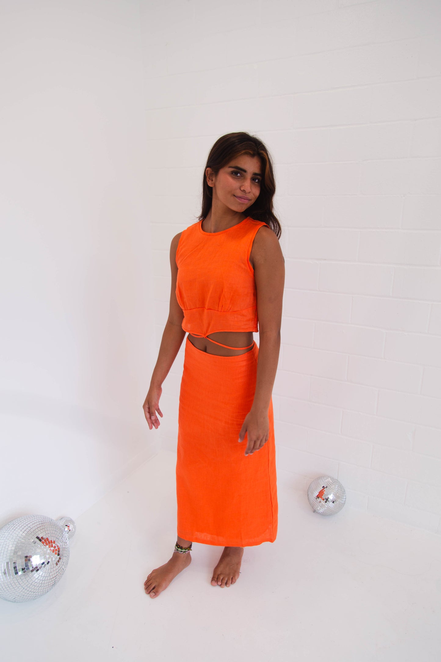 Hot Coral Top & Midi Skirt Set