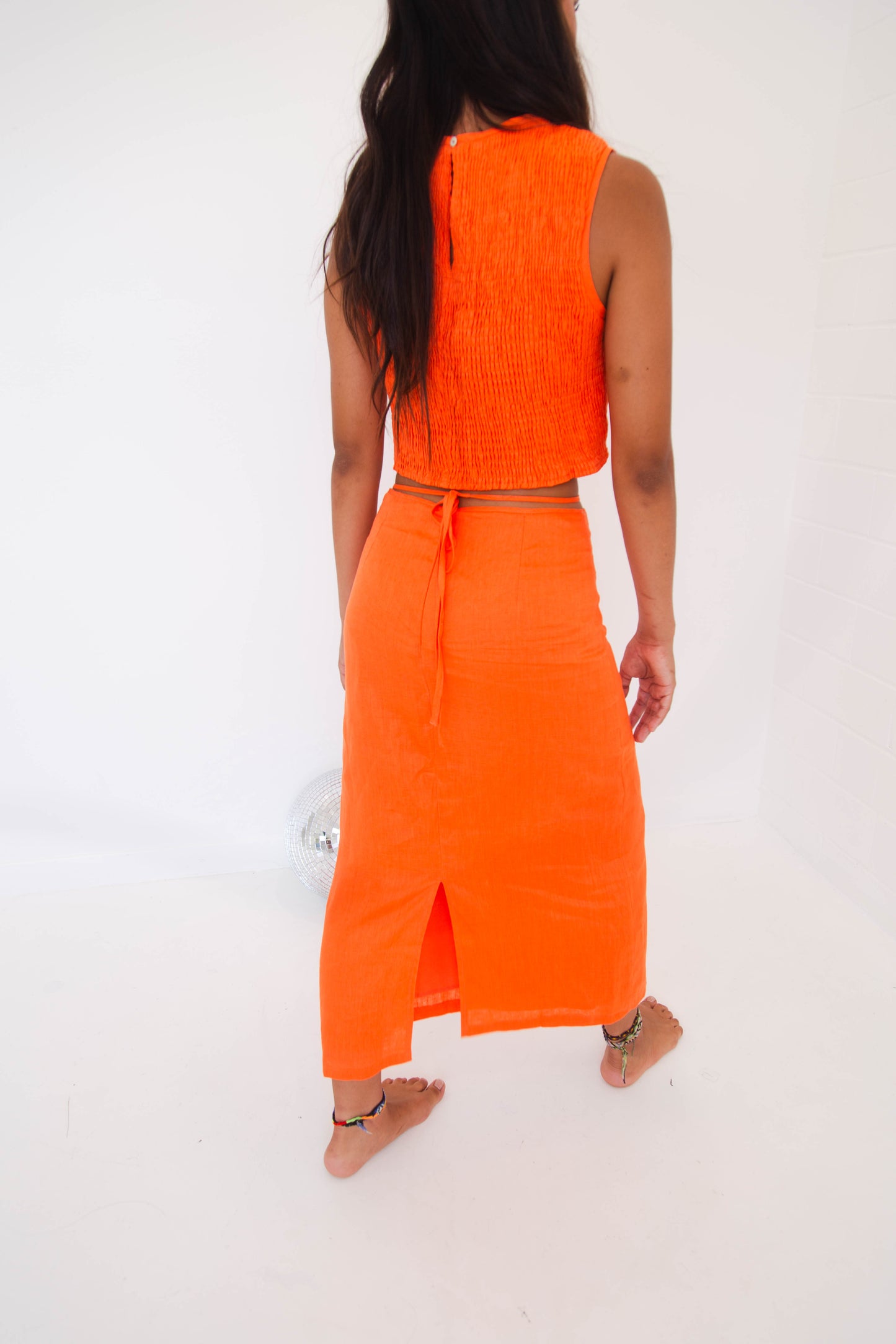 Hot Coral Top & Midi Skirt Set