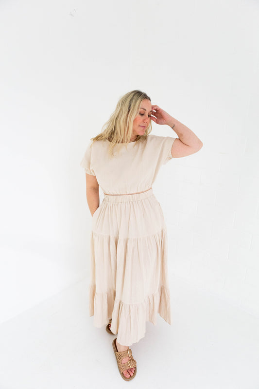 Beige Boat Neck & Tiered Midi Skirt Set