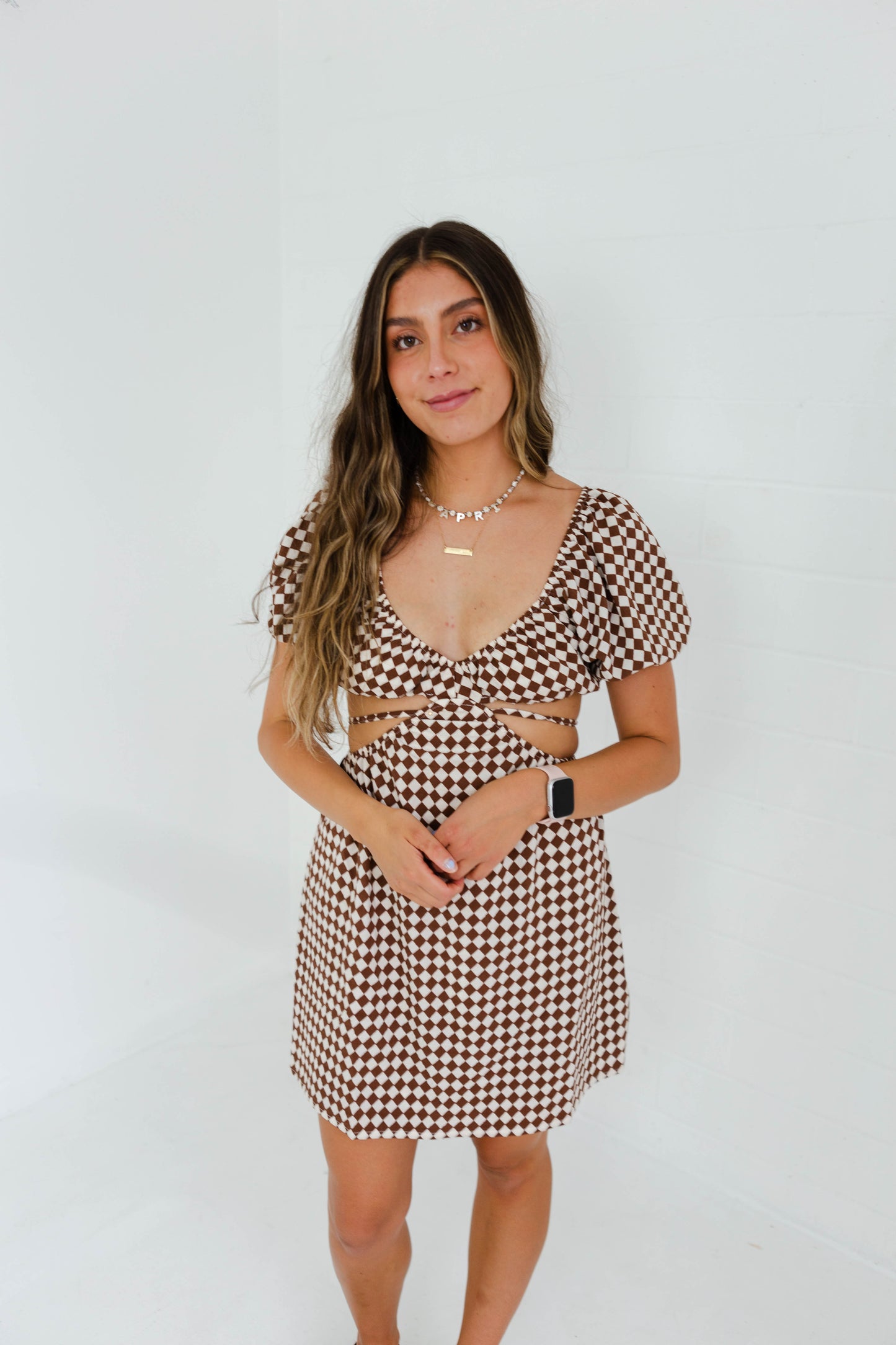 Brown Checkered Cut Out Dress