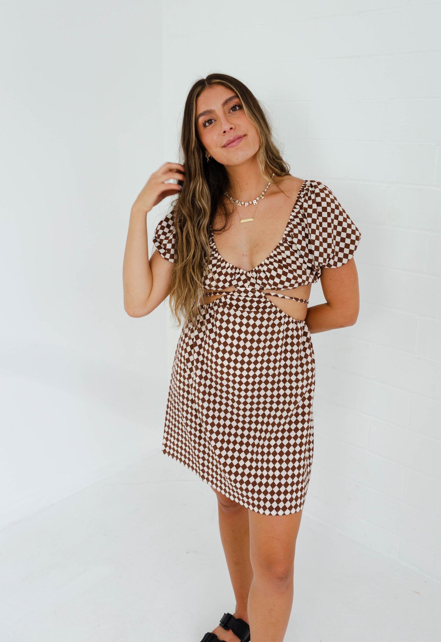 Brown Checkered Cut Out Dress