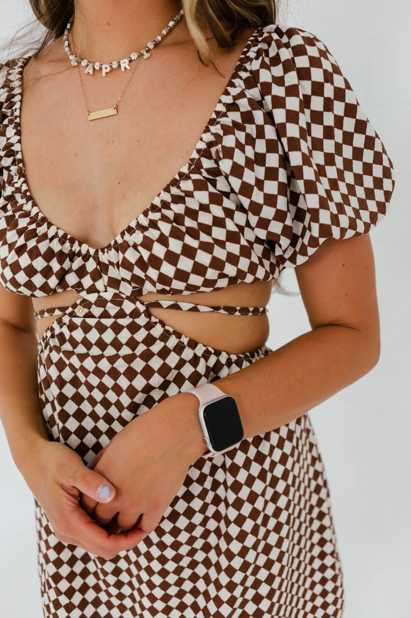 Brown Checkered Cut Out Dress