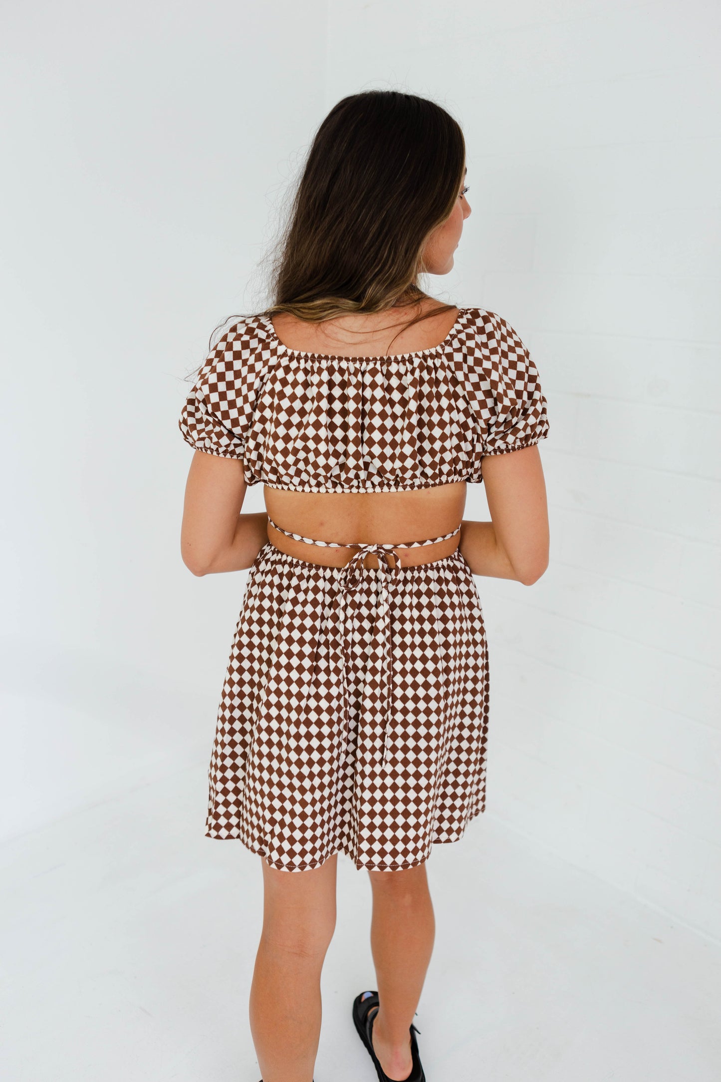 Brown Checkered Cut Out Dress