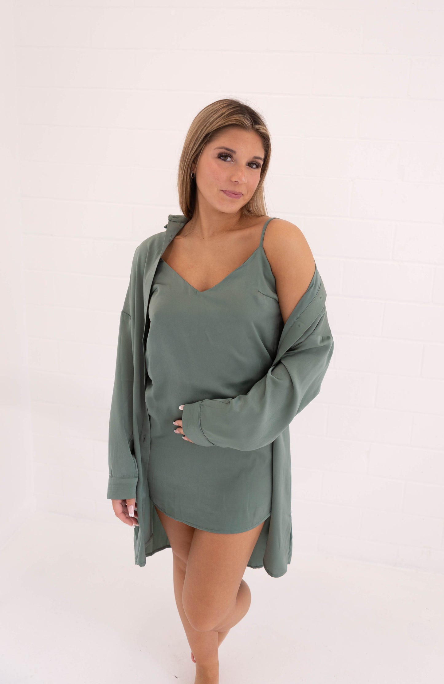 Dark Sage Satin Slip Dress & Shirt Set