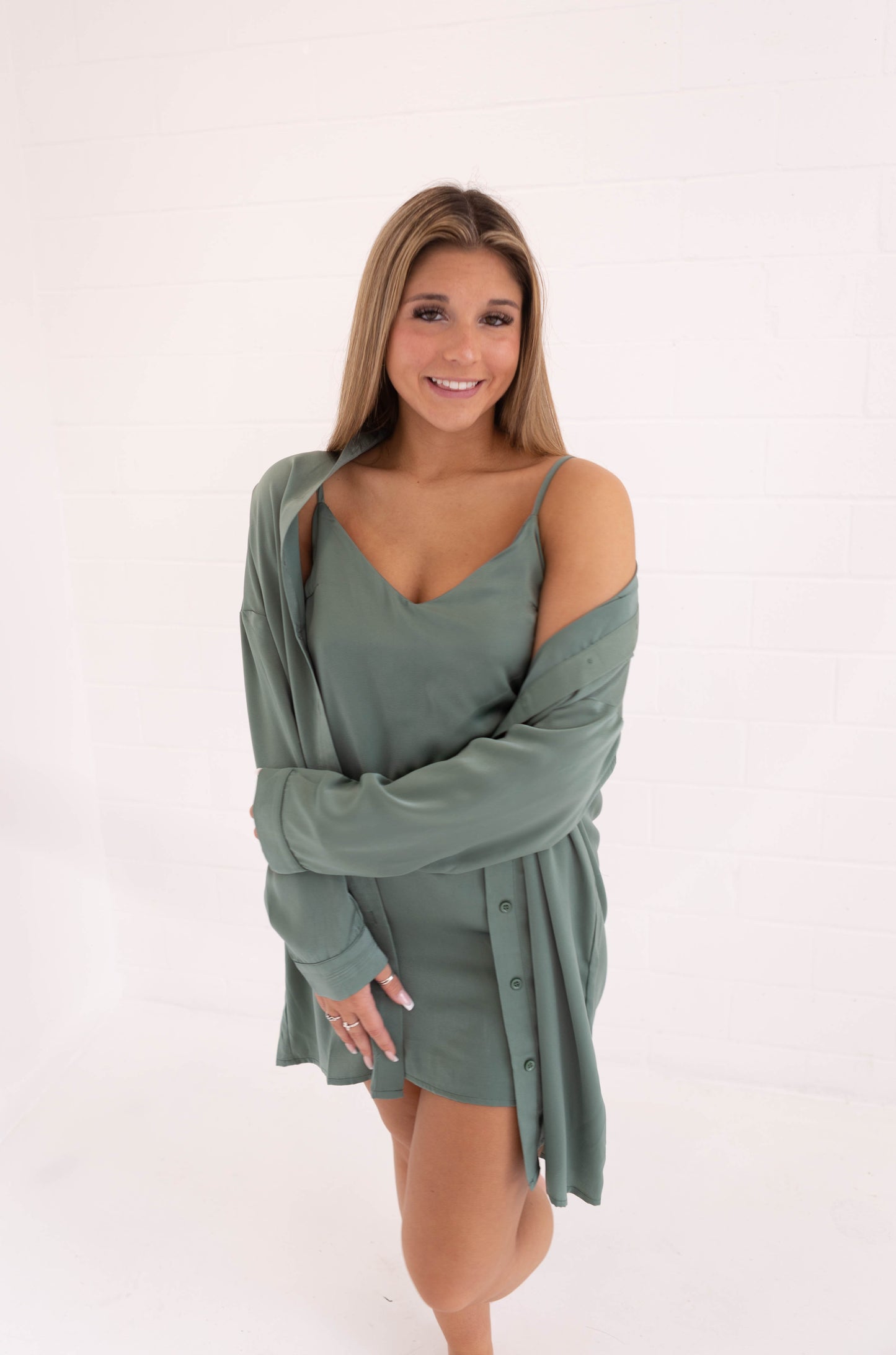 Dark Sage Satin Slip Dress & Shirt Set