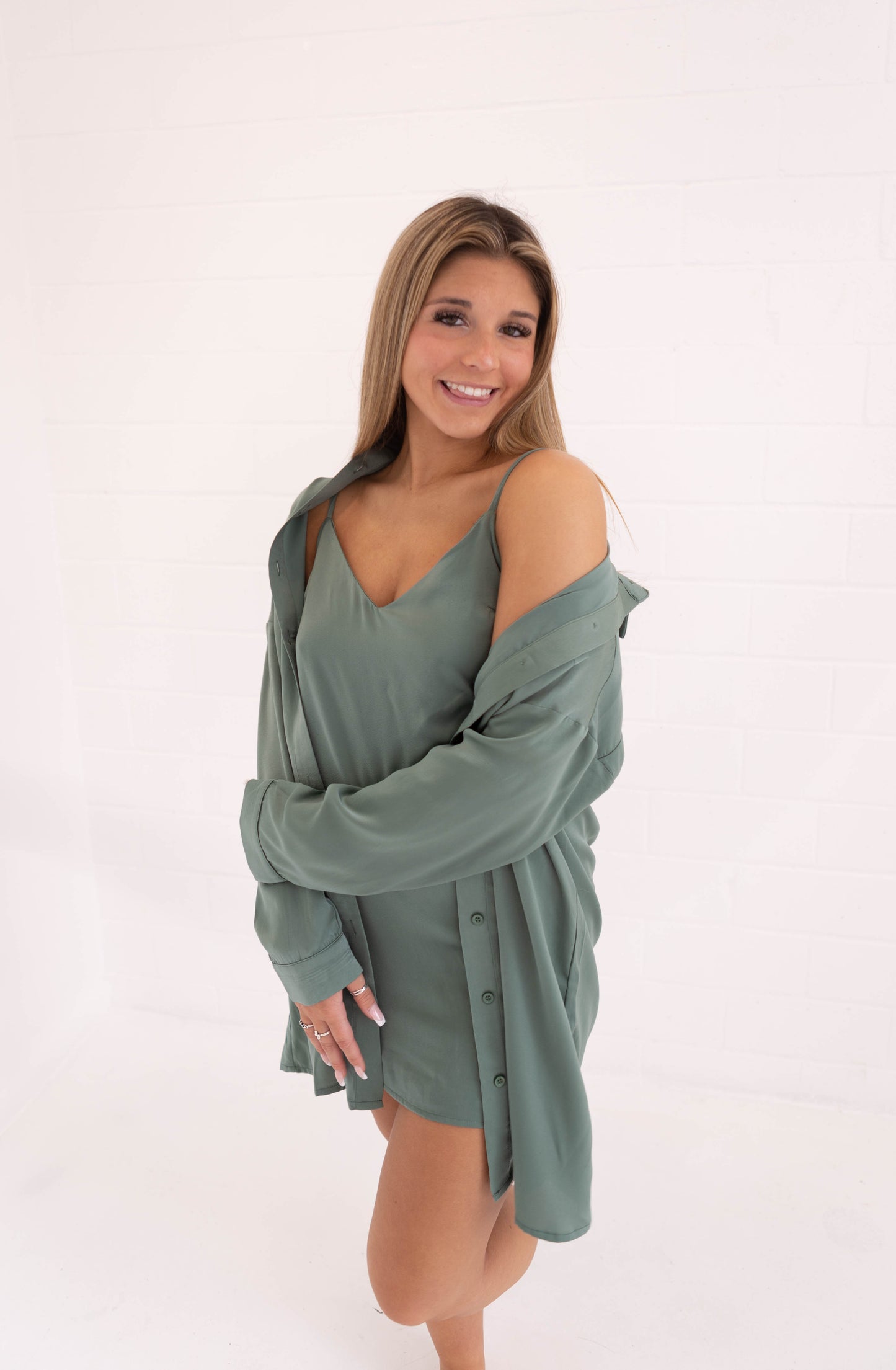 Dark Sage Satin Slip Dress & Shirt Set