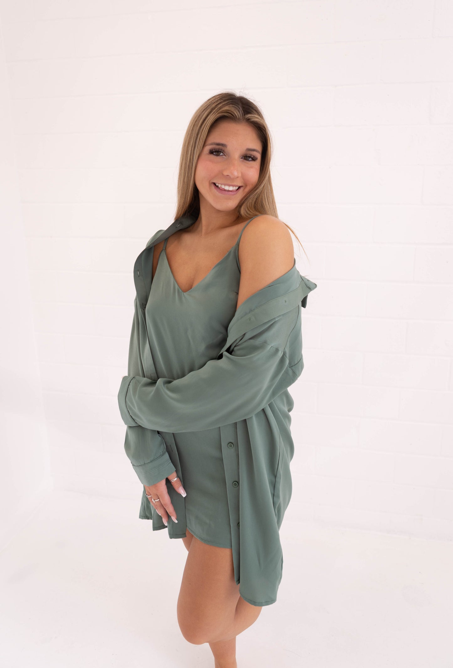 Dark Sage Satin Slip Dress & Shirt Set